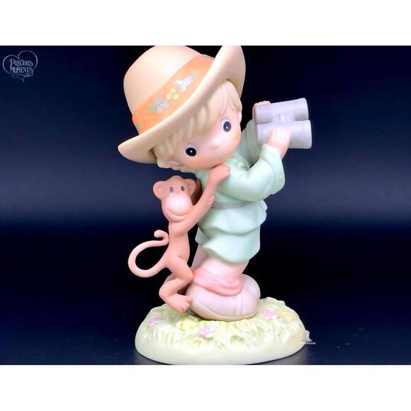 Precious Moments Figurine Boy with Monkey and Binoculars Jungle Safari - Picture 1 of 2